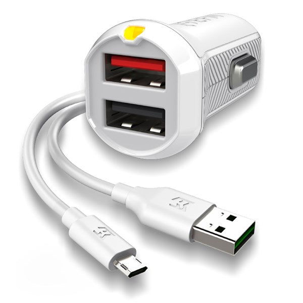 EFM Car Chgr 3.4A Dual USB Rapid Charge W/Reverse Micro USB Cable - White
