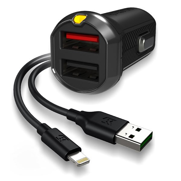 EFM Car Charger 3.4A Dual USB With MFi Lightning Cable - Black